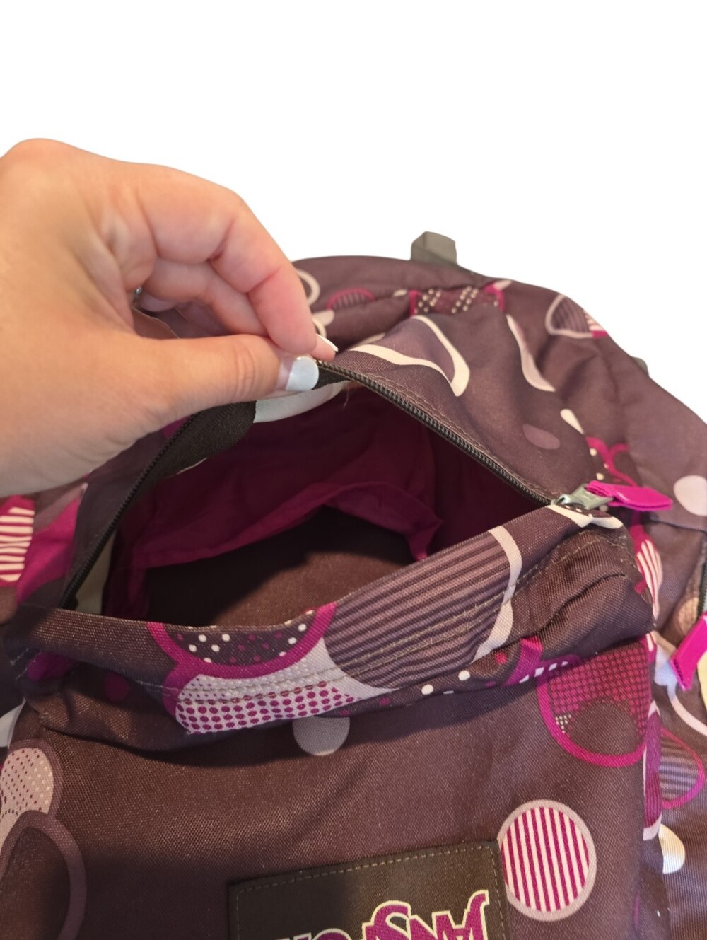 JanSport SuperBreak Backpack Brown Pink Circle Print School Book Bag Y2K Preppy - Picture 10 of 11